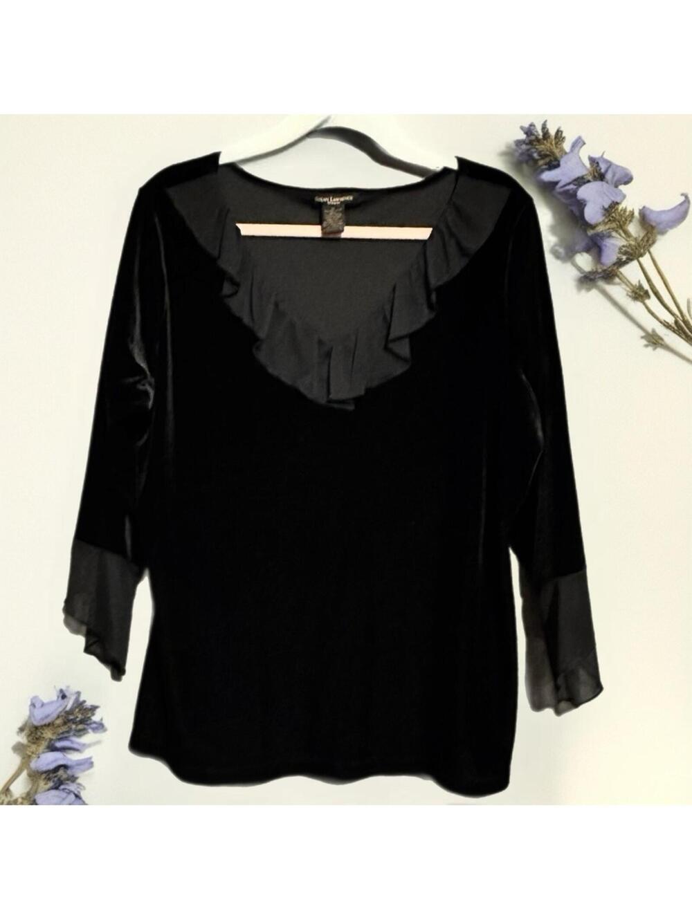 Susan Lawrence Woman Black Velvet Ruffle V-Neck Blouse 1X